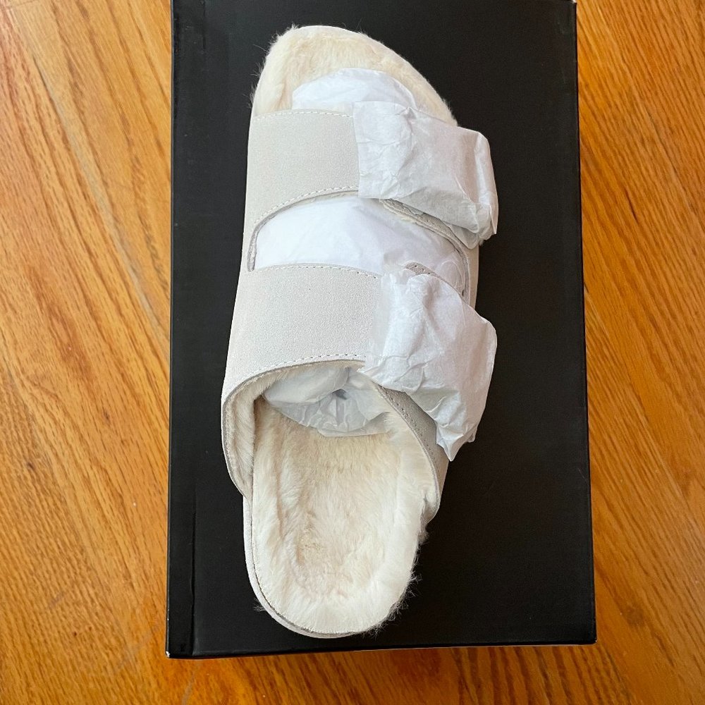 Off White Faux Fur-Lined Suede Slides from J/SLIDES